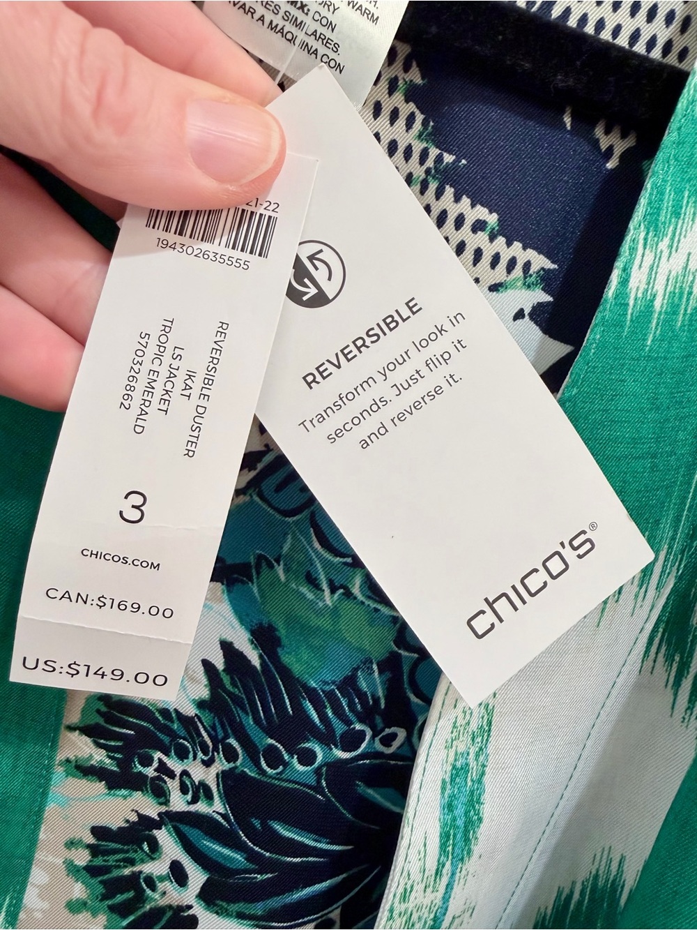 Chico's Reversible Duster Jacket Tropic Emerald Ikat Floral Satin Size 3 16 NWT - Picture 8 of 16